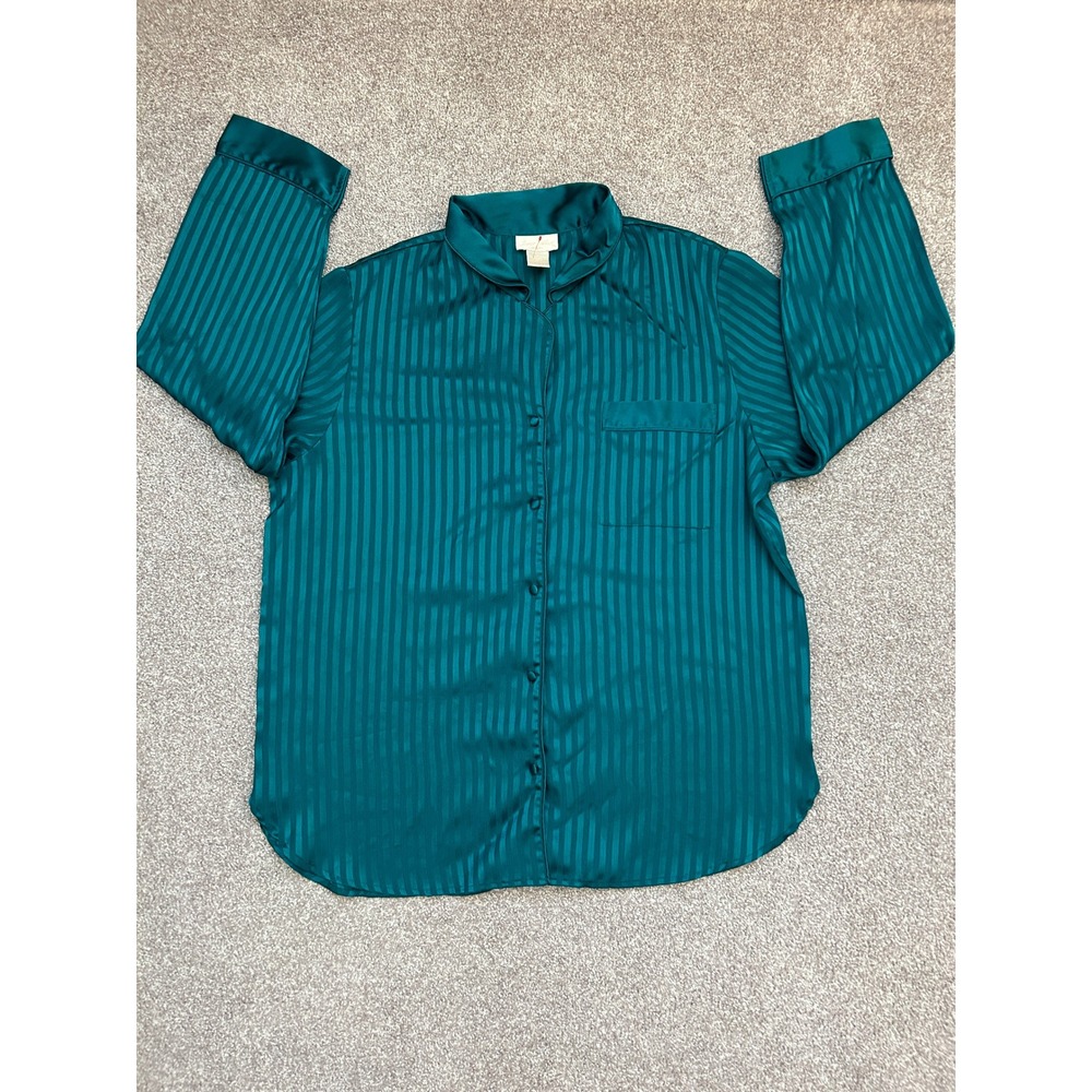 Inner Most Pajama Top Womens L Teal Green Satin Stripe Vintage Button Up Top